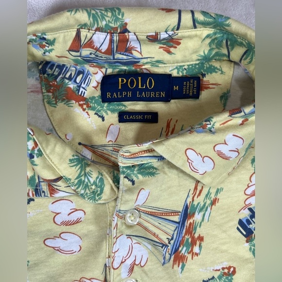 Polo Ralph Lauren Medium Custom Fit Pocket T Polo Yellow Tropical Print Shirt - Picture 4 of 9